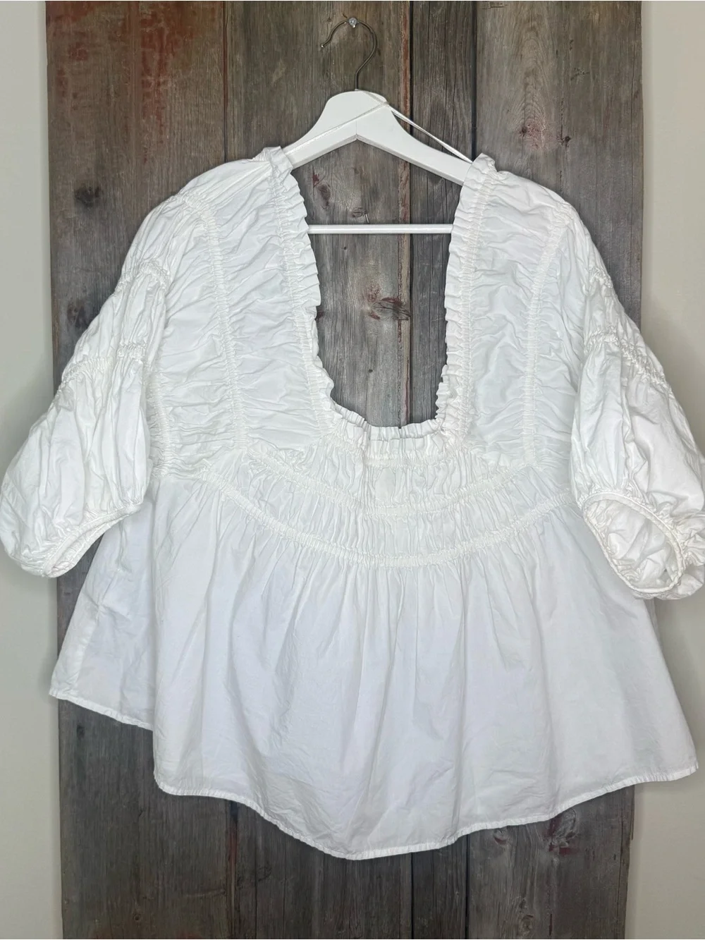 Free People CeCe Poplin White Smocked Square-Neck Peasant Blouse size XS